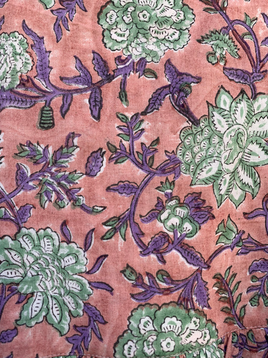 pink floral hand block printed frill collared maxi dress - 3/4th button sleeves