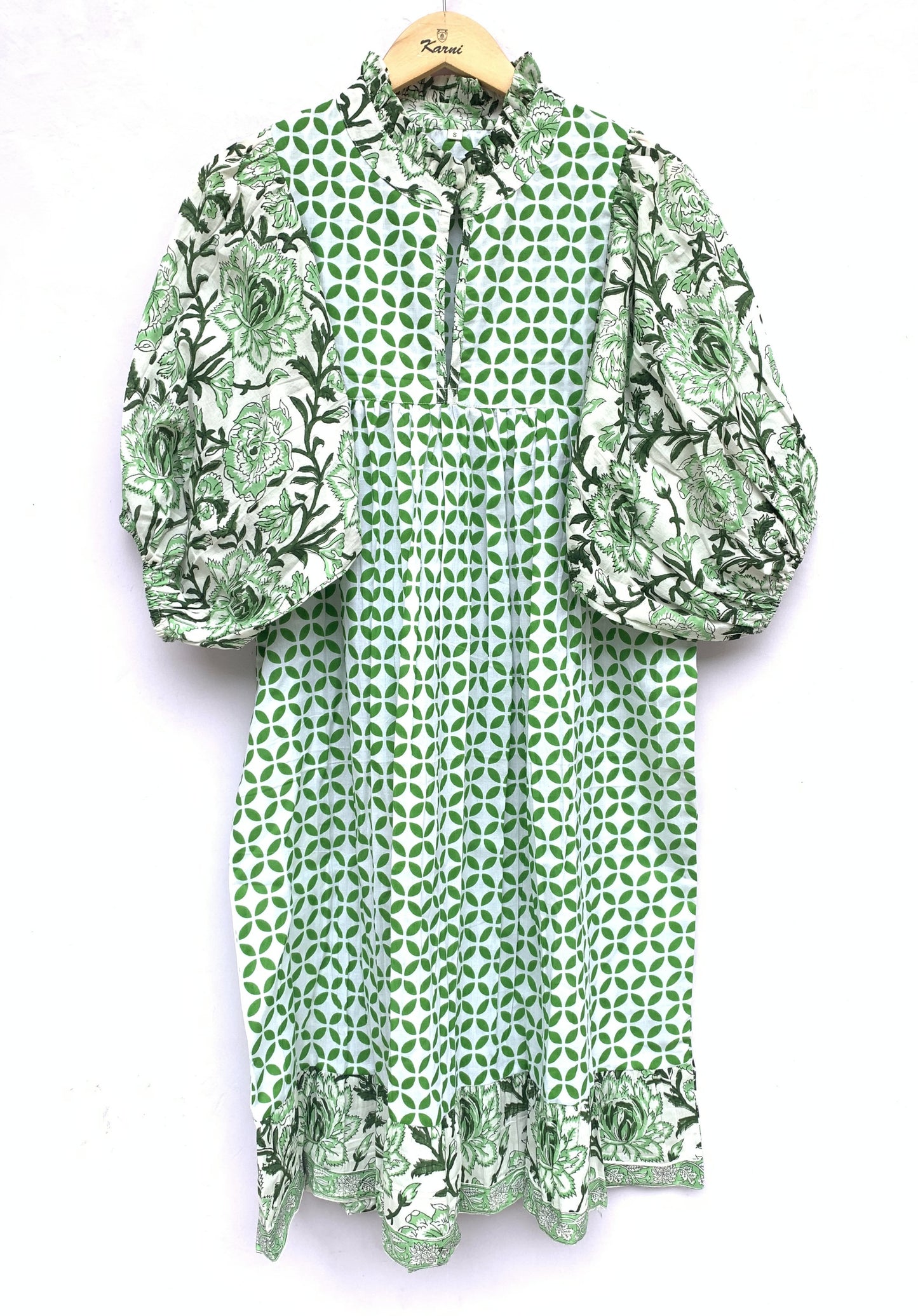 cotton womens green and white dress with big floral balloon sleeves