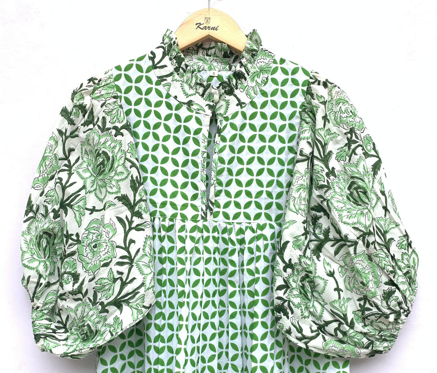 cotton womens green and white dress with big floral balloon sleeves