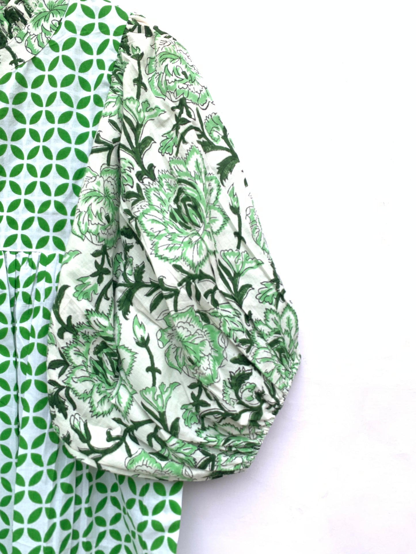 cotton womens green and white dress with big floral balloon sleeves