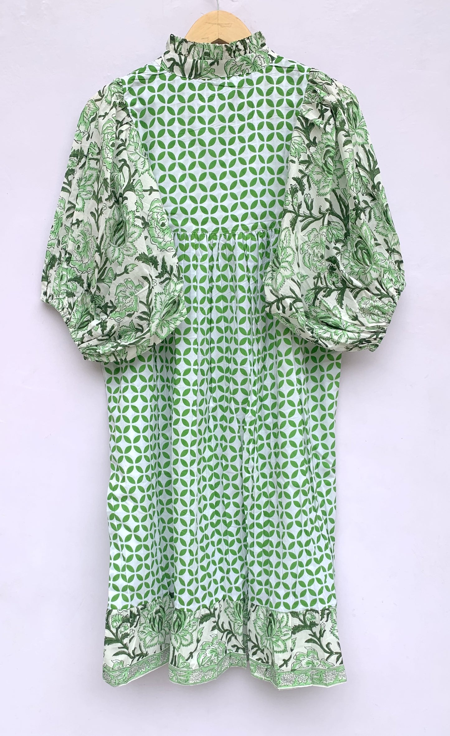 cotton womens green and white dress with big floral balloon sleeves