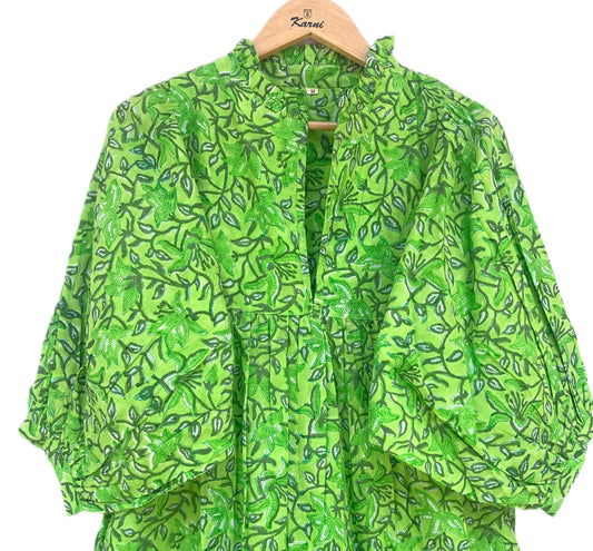 Green Leaf Print Hand Block Printed Cotton Midi Dress – Boho Puff Sleeve Tiered Dress – Ruffle Neck Indian Summer Dress for Women