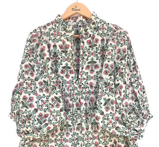 Ivory Pink Floral Hand Block Printed Cotton Midi Dress – Boho Ruffle Neck Tiered Dress – Puff Sleeve Indian Summer Dress for Women