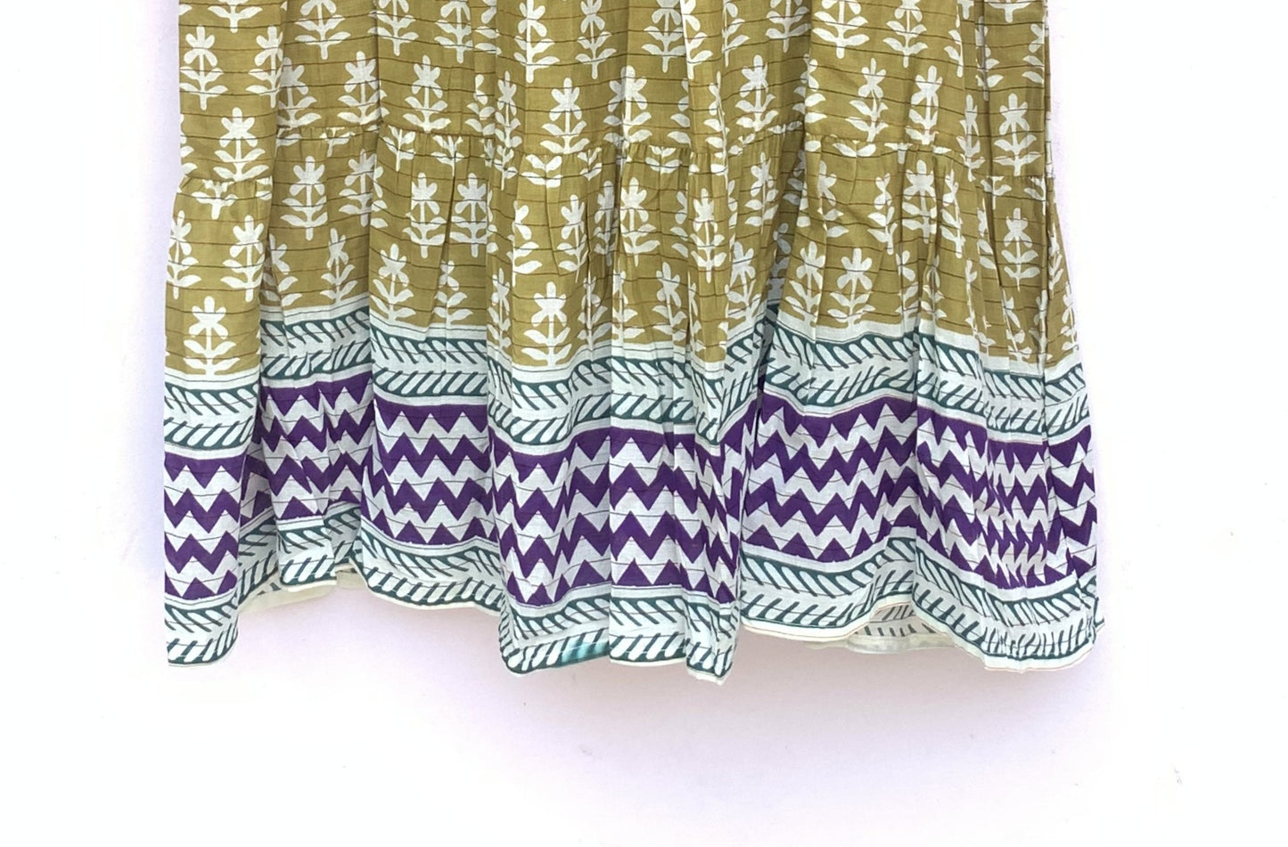 pretty mustard mini womens cotton dress with purple borders