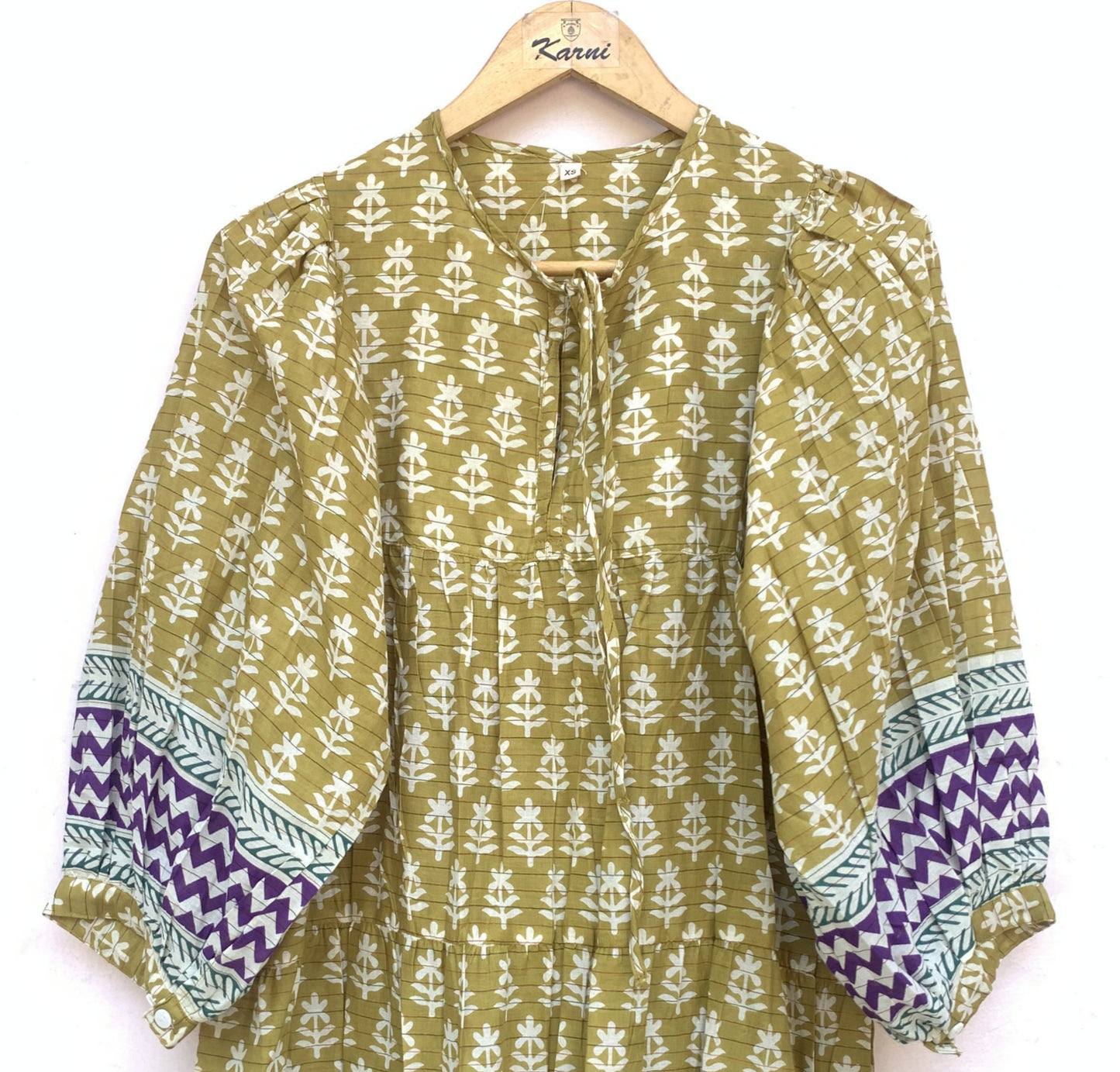 pretty mustard mini womens cotton dress with purple borders