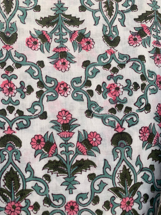 Ivory Pink Floral Hand Block Printed Cotton Midi Dress – Boho Ruffle Neck Tiered Dress – Puff Sleeve Indian Summer Dress for Women