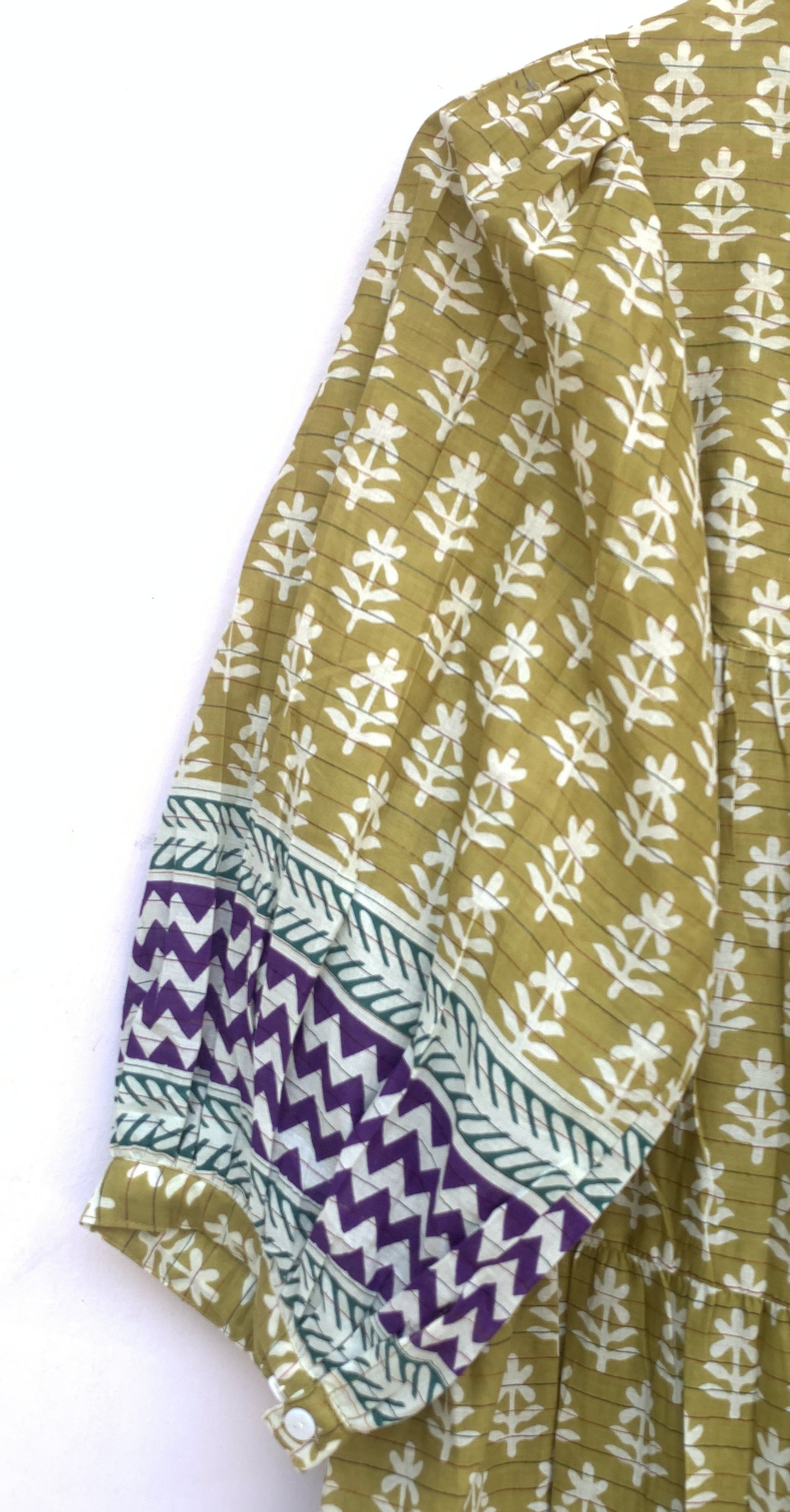 pretty mustard mini womens cotton dress with purple borders