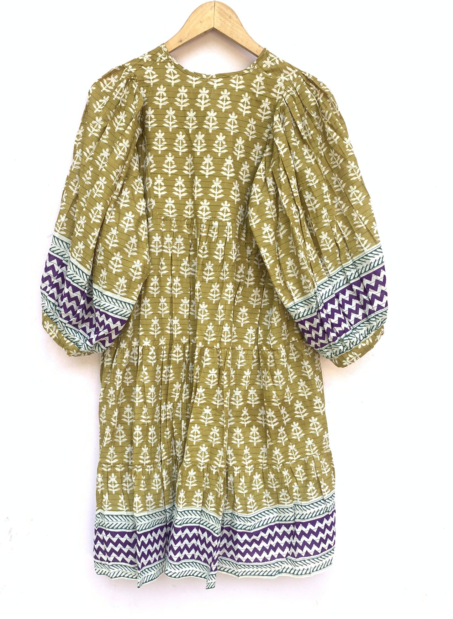 pretty mustard mini womens cotton dress with purple borders