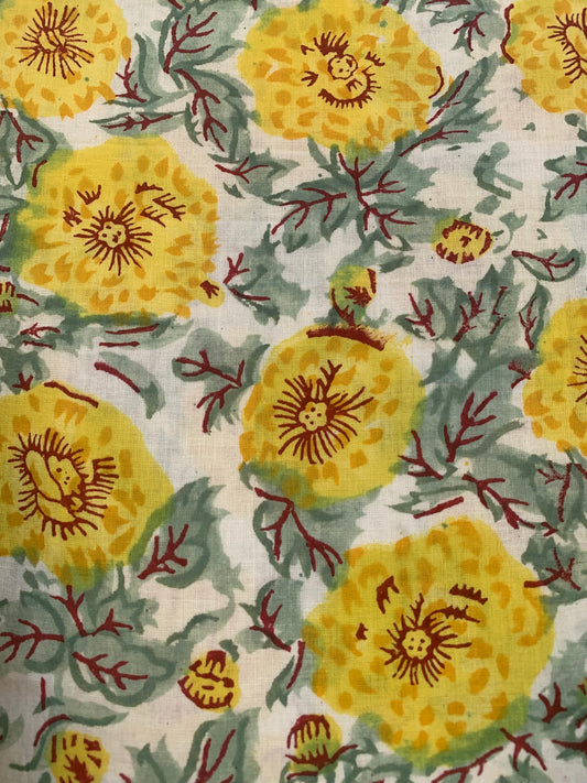 Yellow Marigold Floral Hand Block Printed Cotton Midi Dress – Boho Ruffle Neck Tiered Dress – Puff Sleeve Indian Summer Dress for Women