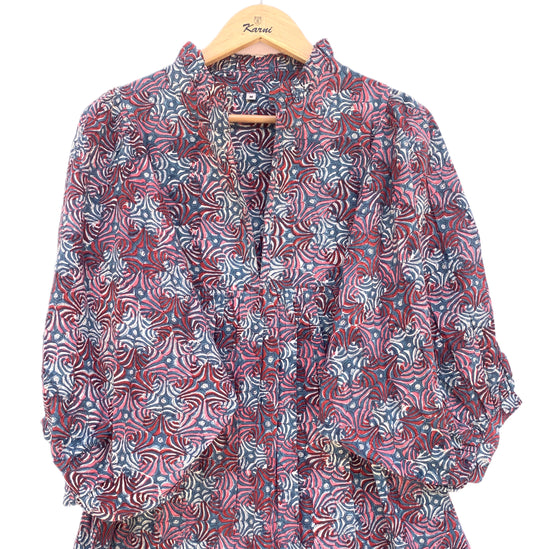 Navy Red Abstract Hand Block Printed Cotton Midi Dress – Boho Puff Sleeve Ruffle Neck Dress – Tiered Indian Summer Dress for Women