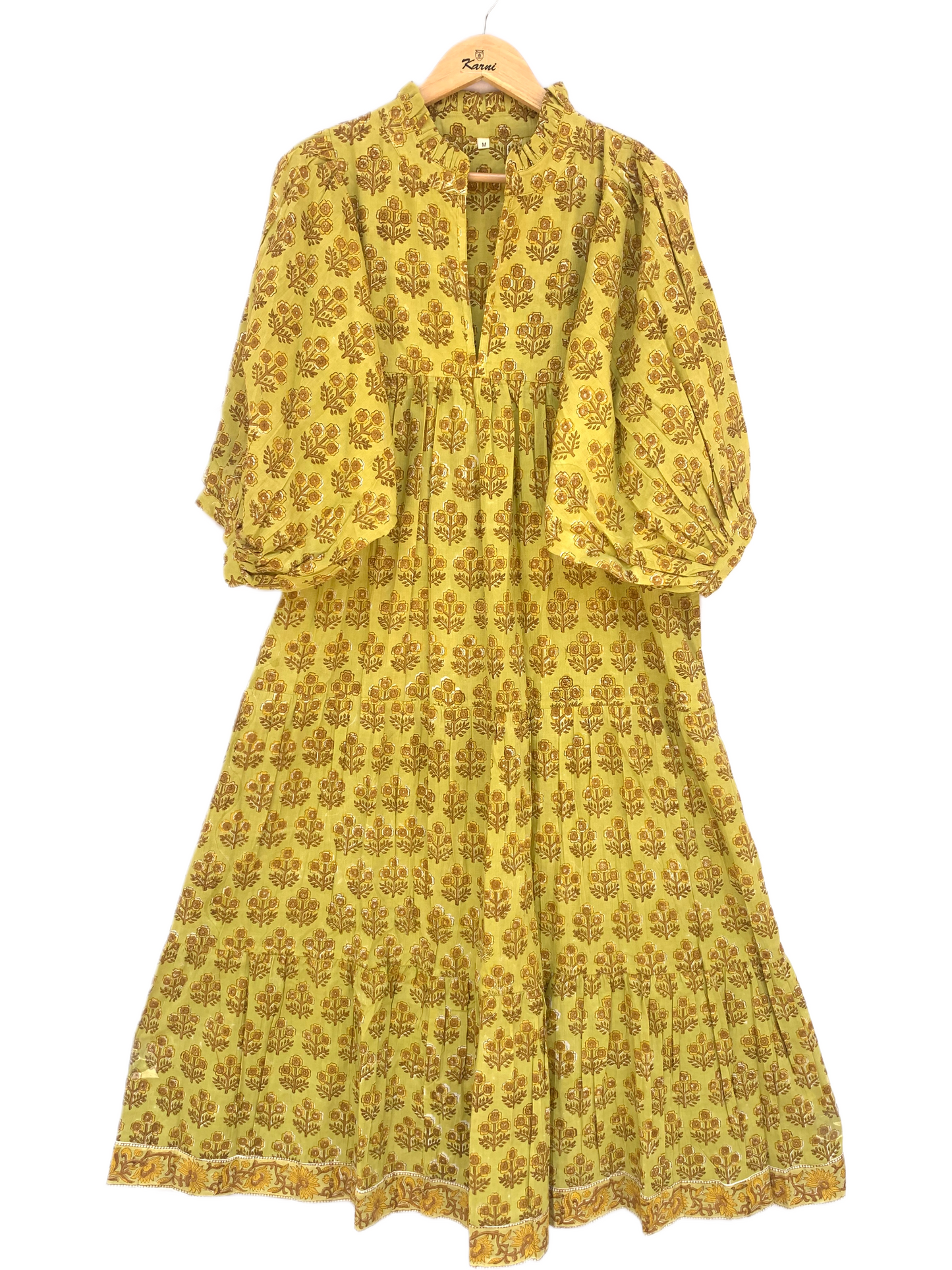 Yellow Buti Floral Hand Block Printed Cotton Midi Dress – Boho Ruffle Neck Puff Sleeve Tiered Dress – Indian Summer Dress for Women