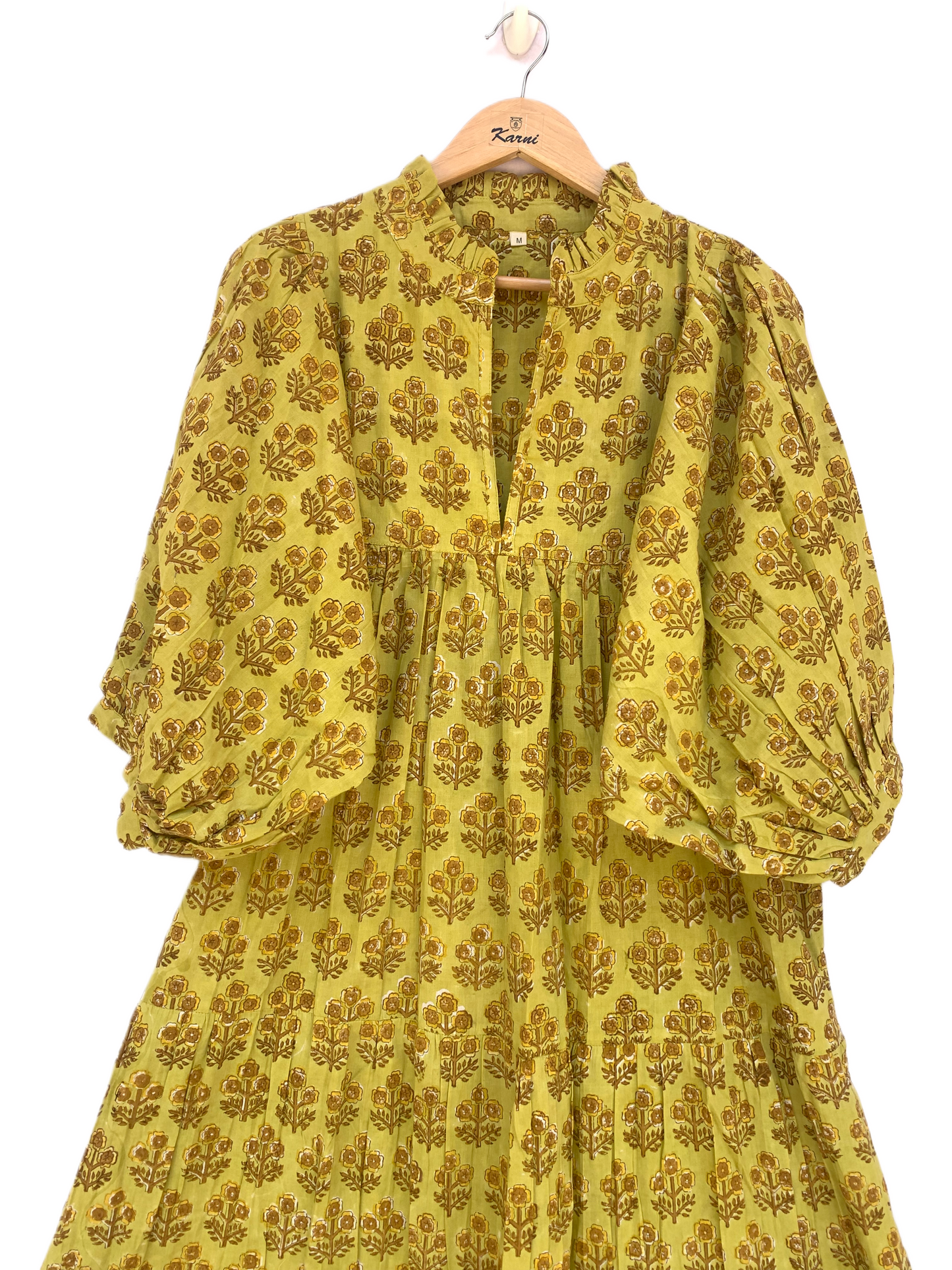 Yellow Buti Floral Hand Block Printed Cotton Midi Dress – Boho Ruffle Neck Puff Sleeve Tiered Dress – Indian Summer Dress for Women