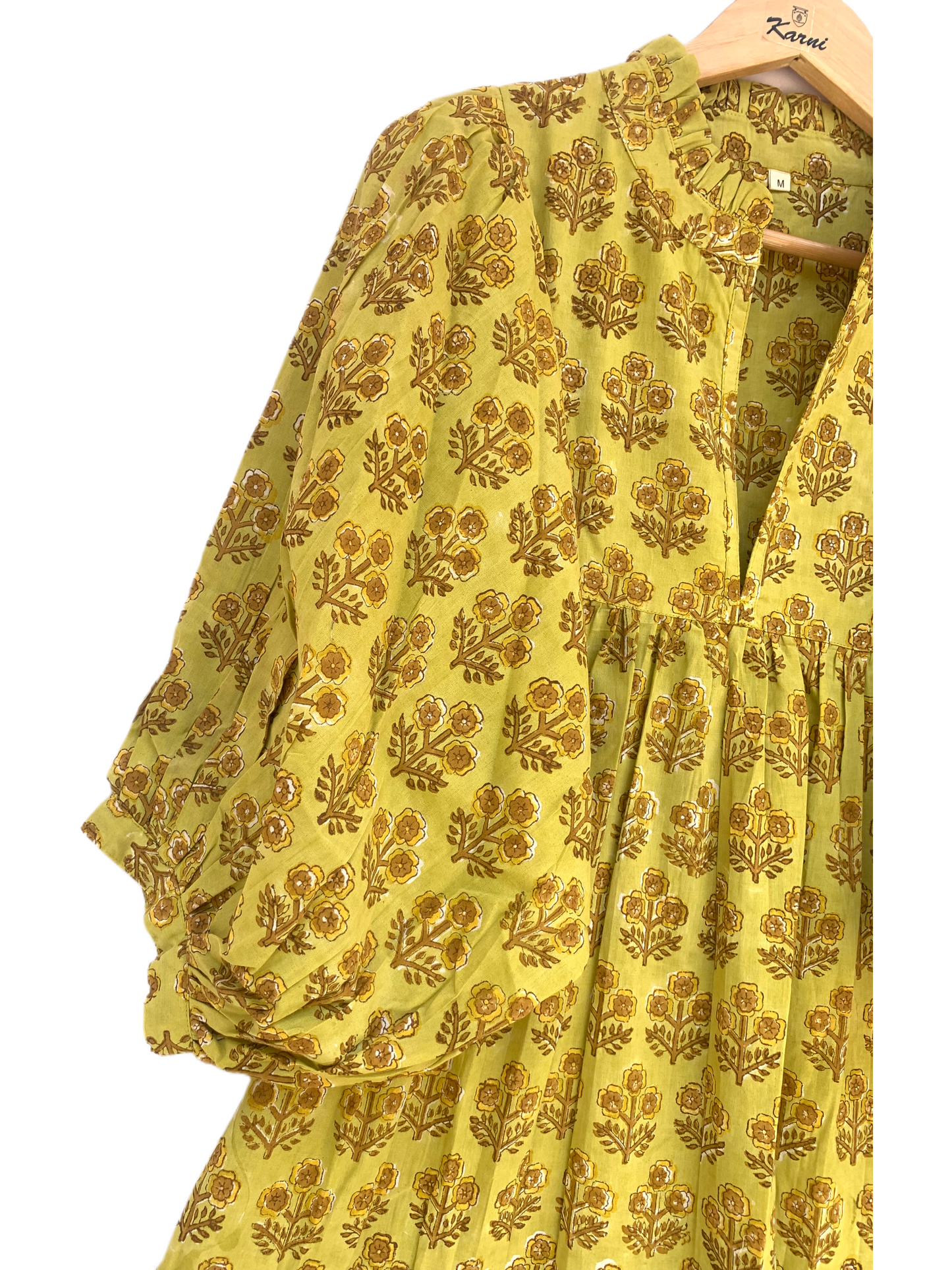 Yellow Buti Floral Hand Block Printed Cotton Midi Dress – Boho Ruffle Neck Puff Sleeve Tiered Dress – Indian Summer Dress for Women