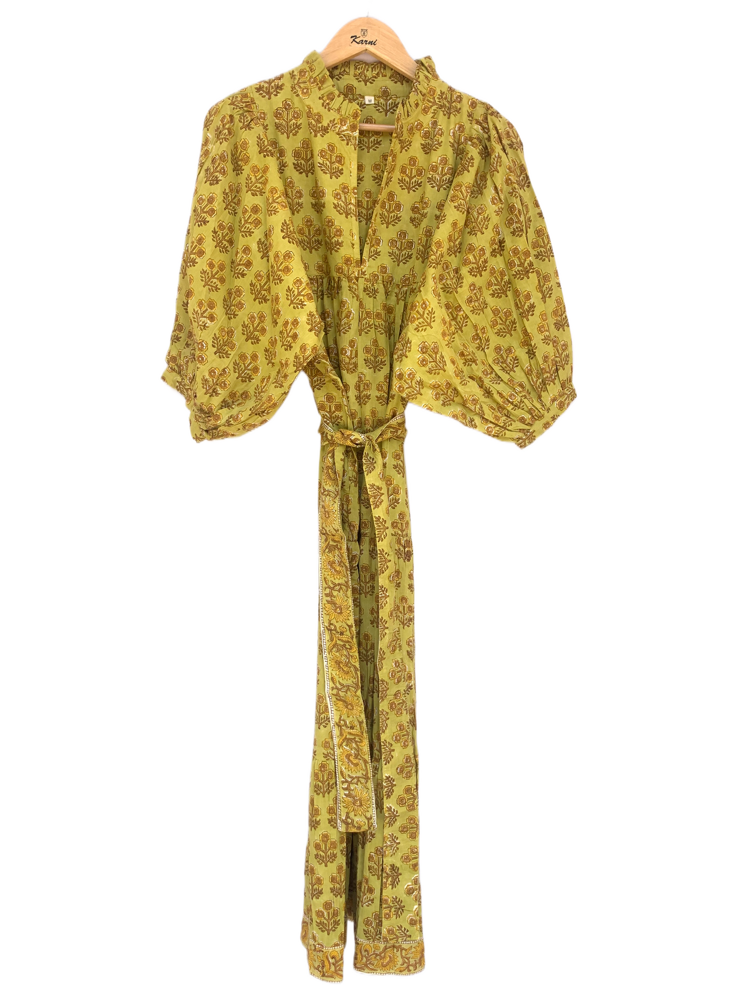 Yellow Buti Floral Hand Block Printed Cotton Midi Dress – Boho Ruffle Neck Puff Sleeve Tiered Dress – Indian Summer Dress for Women