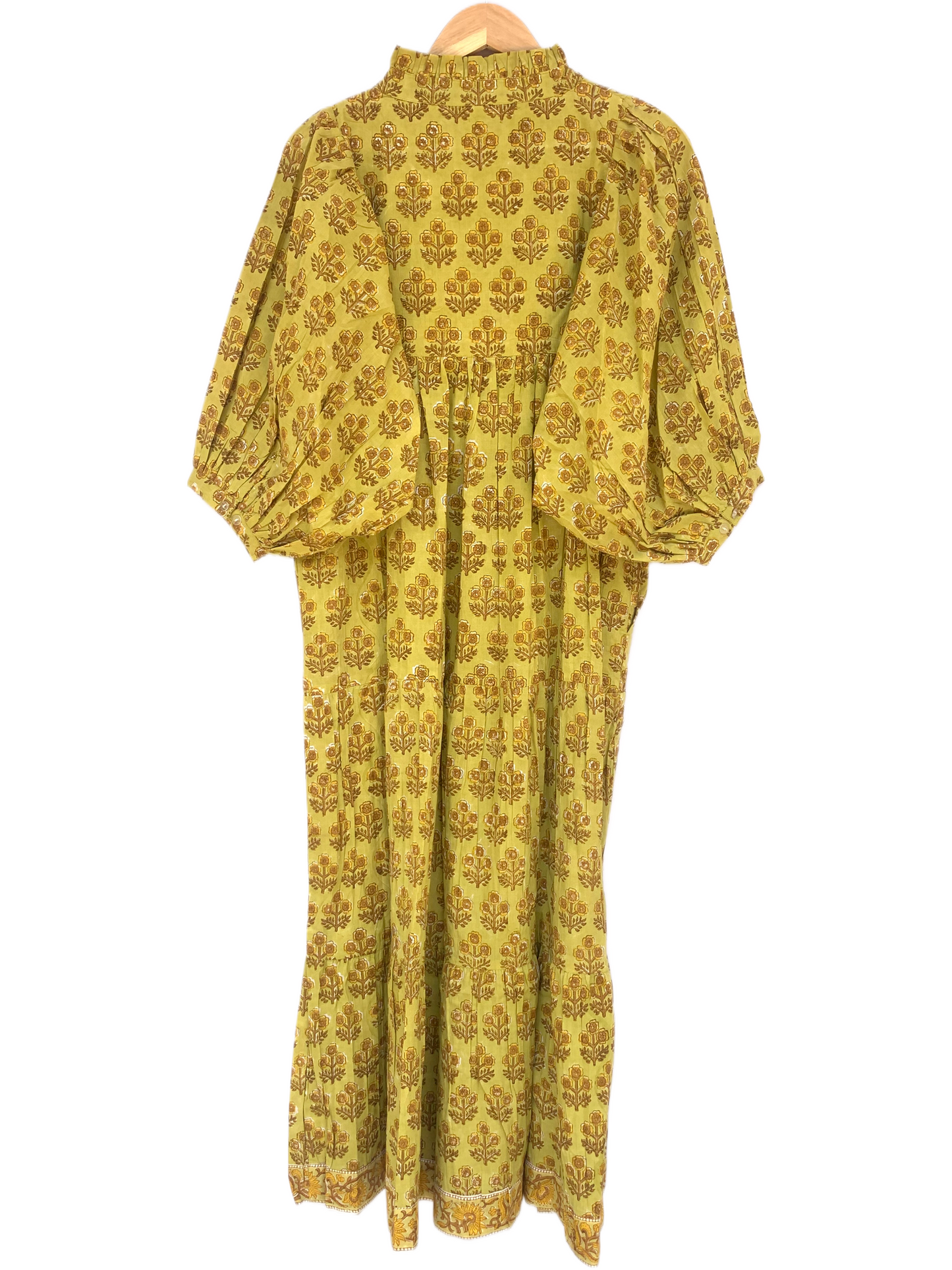 Yellow Buti Floral Hand Block Printed Cotton Midi Dress – Boho Ruffle Neck Puff Sleeve Tiered Dress – Indian Summer Dress for Women
