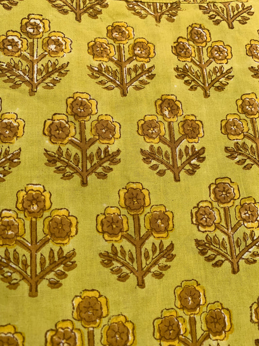 Yellow Buti Floral Hand Block Printed Cotton Midi Dress – Boho Ruffle Neck Puff Sleeve Tiered Dress – Indian Summer Dress for Women