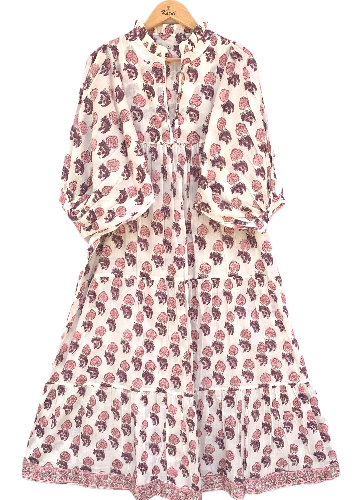 Pink Floral Hand Block Printed Cotton Midi Dress – Boho Puff Sleeve Ruffle Neck Tiered Dress – Indian Summer Dress for Women
