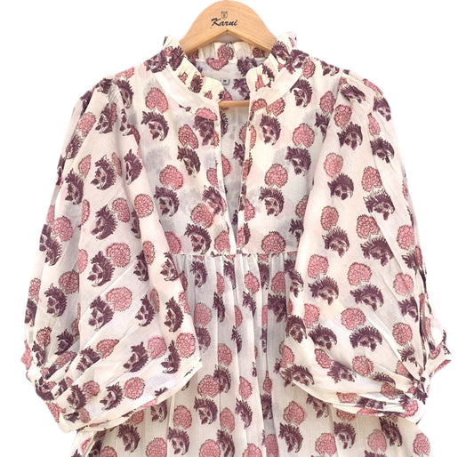 Pink Floral Hand Block Printed Cotton Midi Dress – Boho Puff Sleeve Ruffle Neck Tiered Dress – Indian Summer Dress for Women