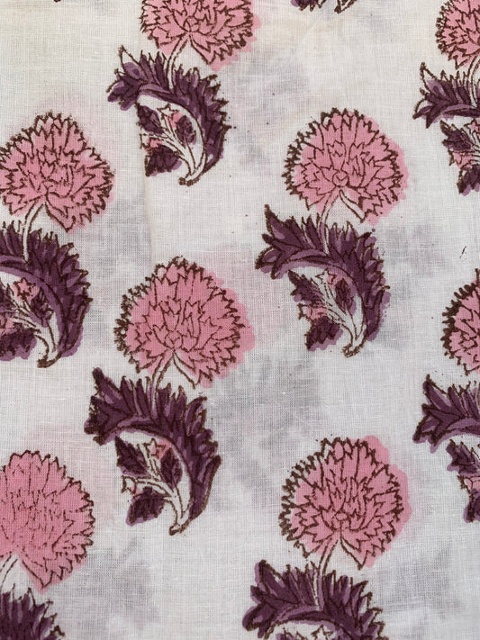 Pink Floral Hand Block Printed Cotton Midi Dress – Boho Puff Sleeve Ruffle Neck Tiered Dress – Indian Summer Dress for Women