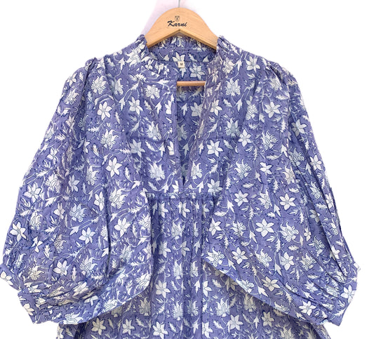 Lavender White Floral Hand Block Printed Cotton Midi Dress – Boho Puff Sleeve Ruffle Neck Tiered Dress – Indian Summer Dress for Women