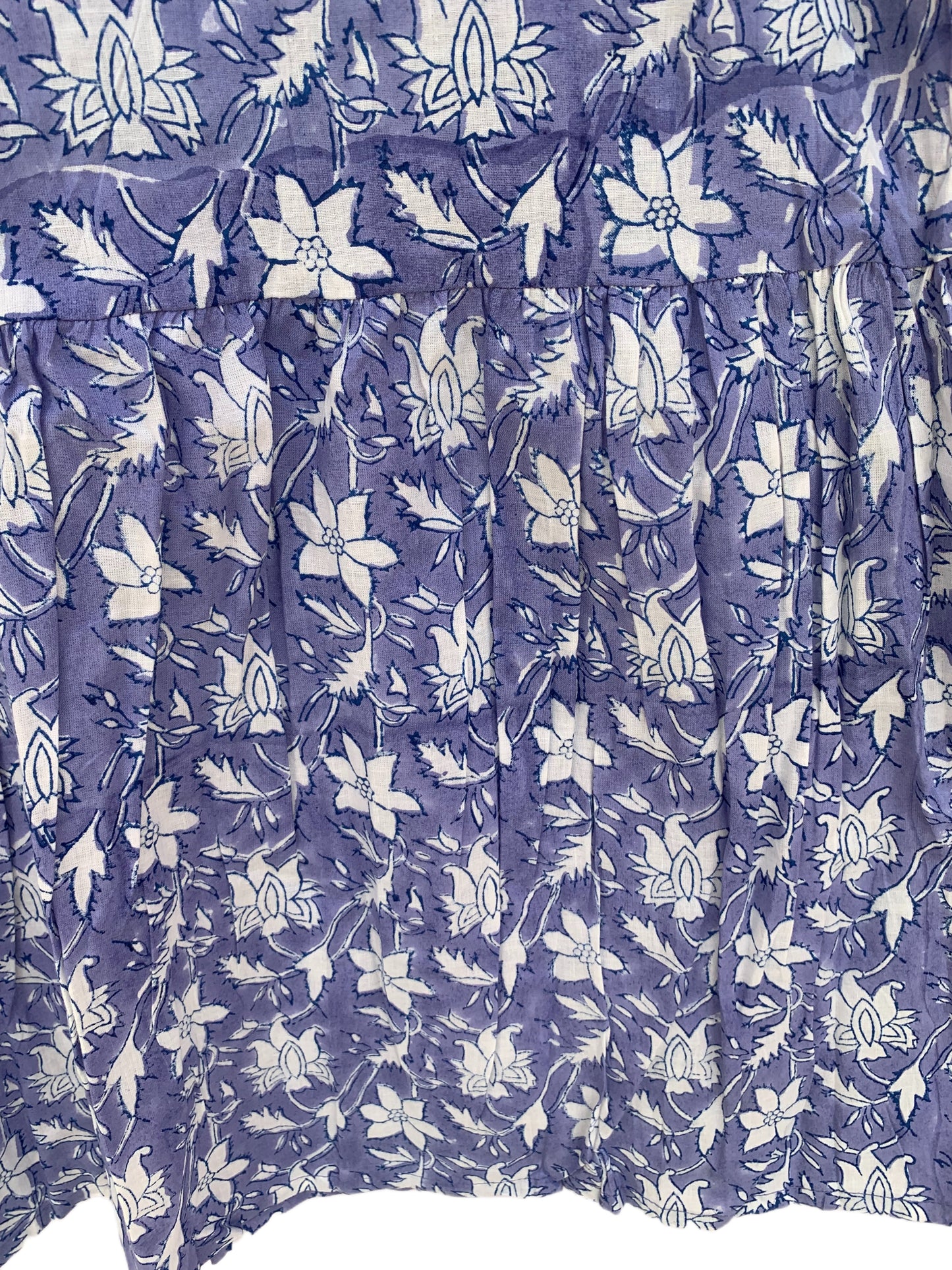 Lavender White Floral Hand Block Printed Cotton Midi Dress – Boho Puff Sleeve Ruffle Neck Tiered Dress – Indian Summer Dress for Women