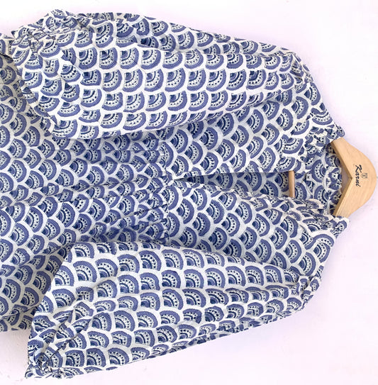 Indigo Hand Block Printed Cotton Midi Dress – Fan Motif Boho Puff Sleeve Dress