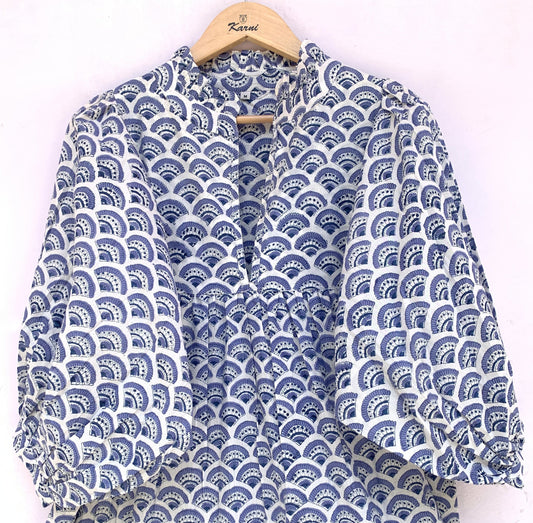 Indigo Hand Block Printed Cotton Midi Dress – Fan Motif Boho Puff Sleeve Dress