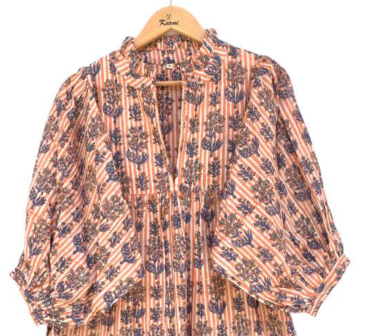 Peach & Indigo Striped Hand Block Printed Cotton Midi Dress – Boho Puff Sleeve Floral Dress