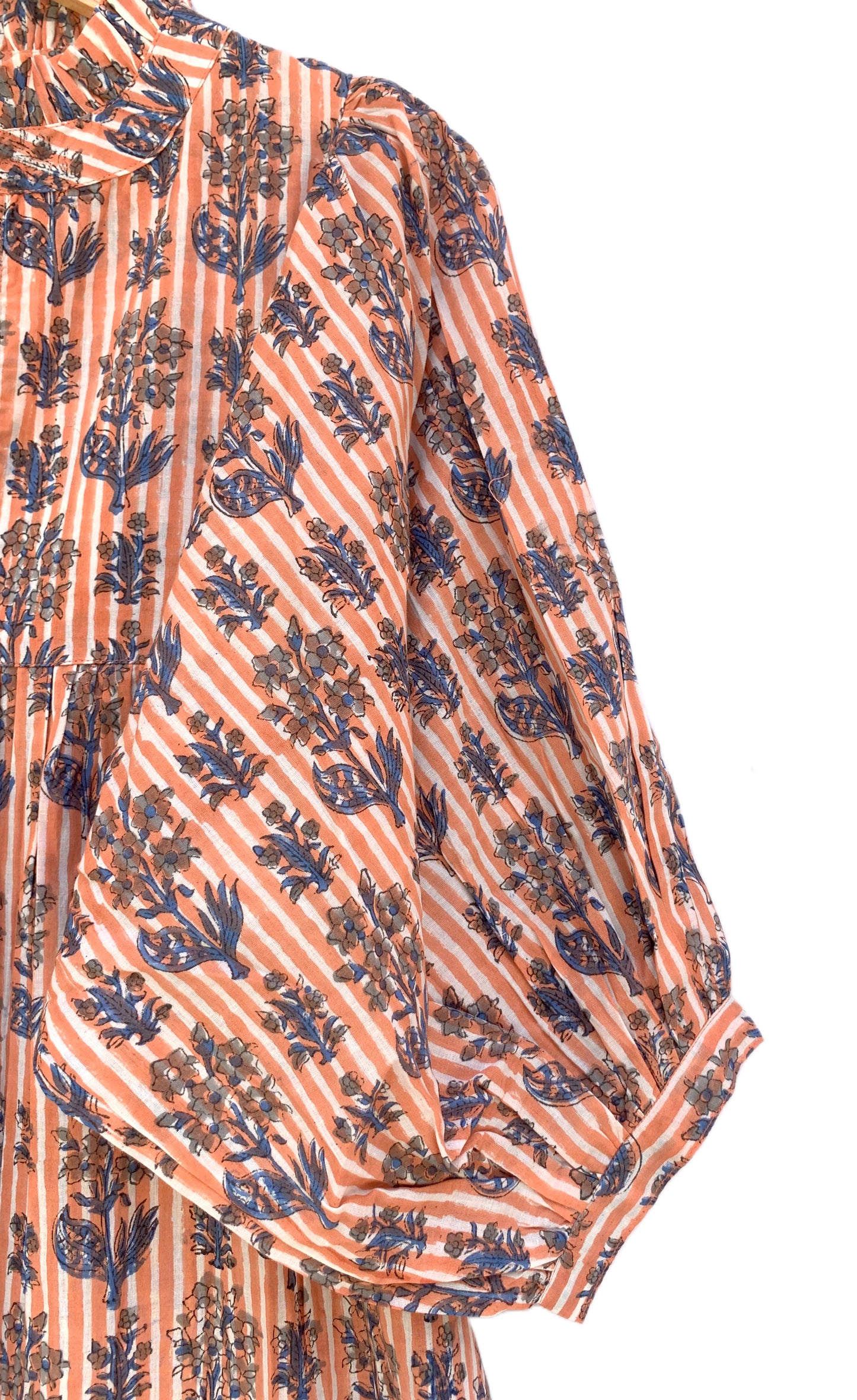 Peach & Indigo Striped Hand Block Printed Cotton Midi Dress – Boho Puff Sleeve Floral Dress