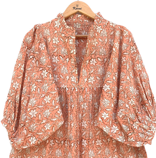Peach Hand Block Printed Cotton Midi Dress – White Floral Boho Puff Sleeve Dress