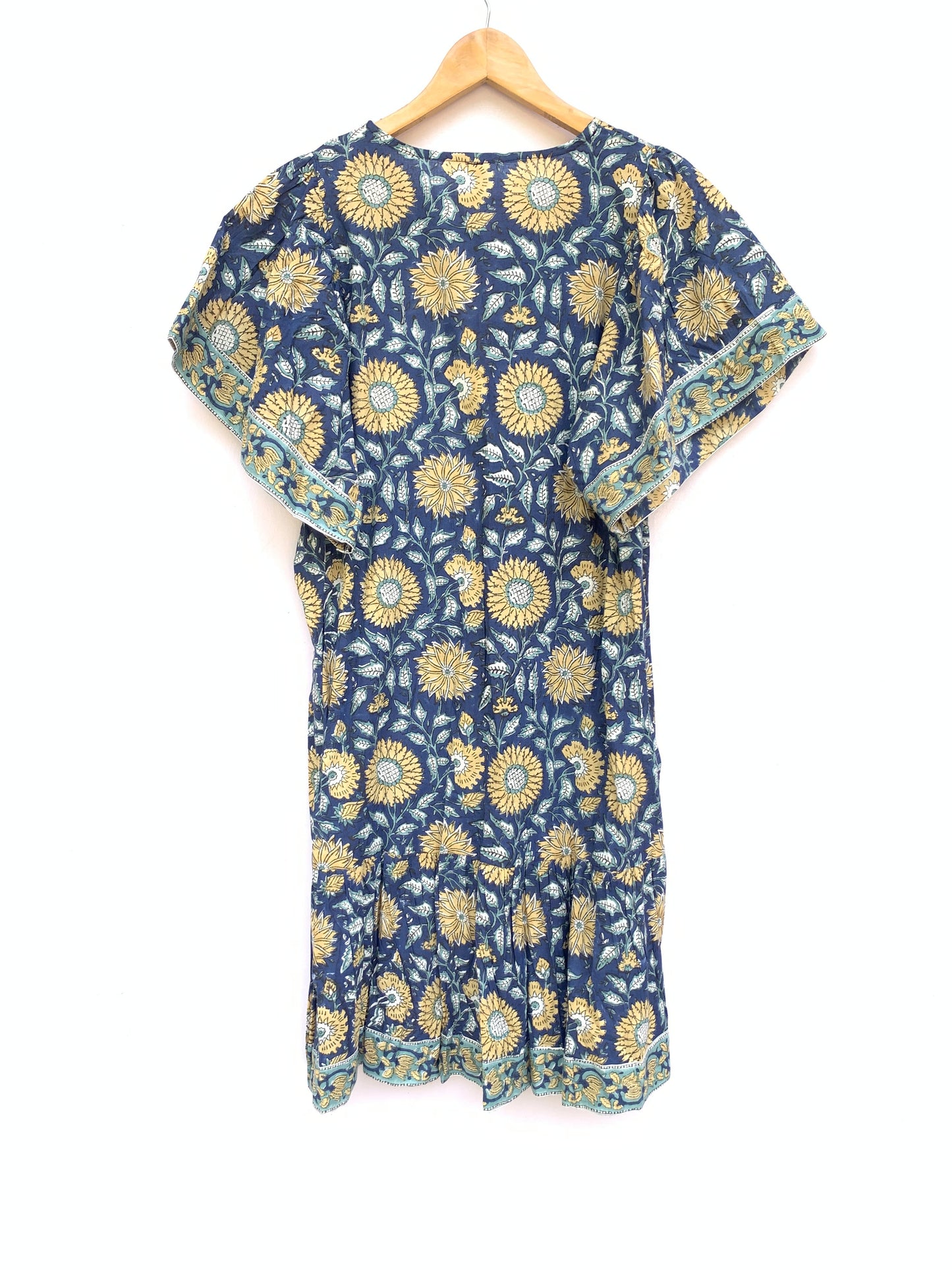 blue and yellow mini dress with short sleeves for women