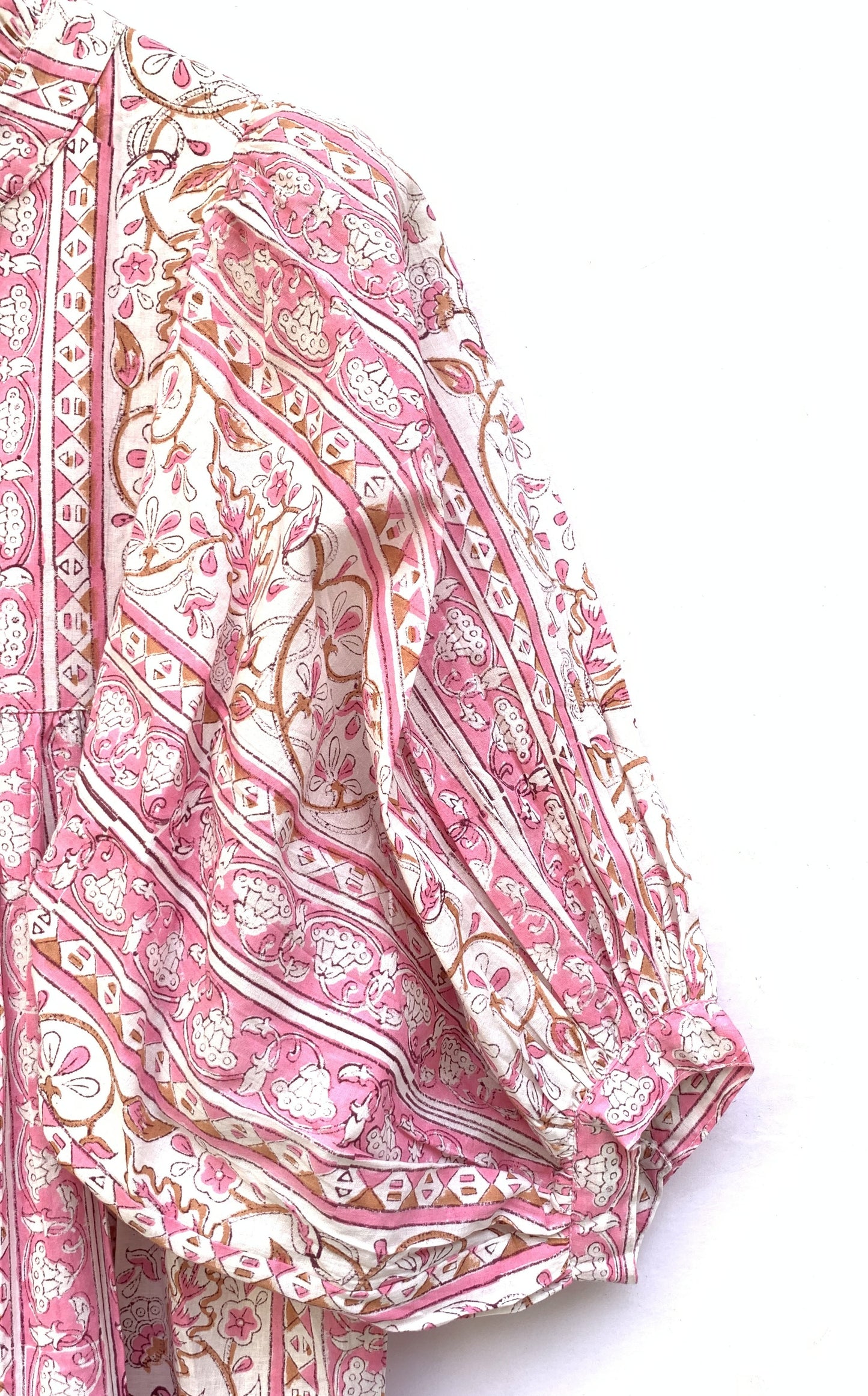 pretty pink floral striped mini dress with button sleeves