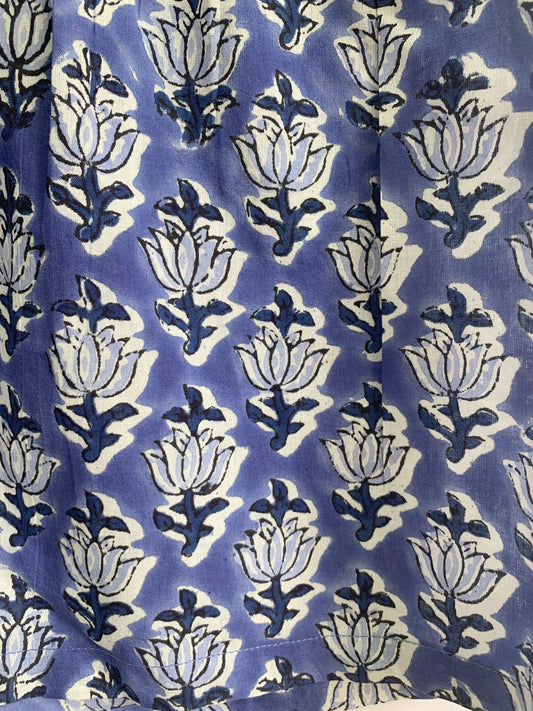 Blue Block Print Cotton Pajama Set | Smocked Puff Sleeve Top, Lounge Shorts