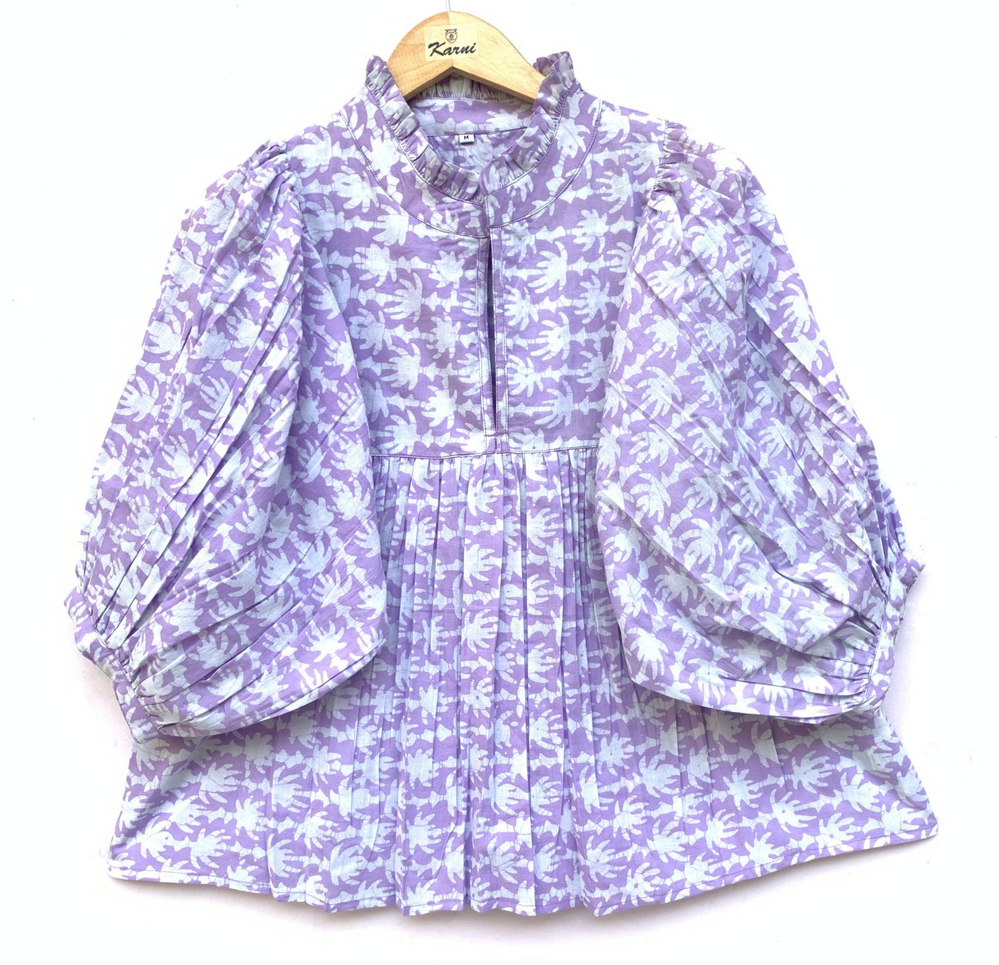 purple and white hand printed blouse with 3/4th sleeves