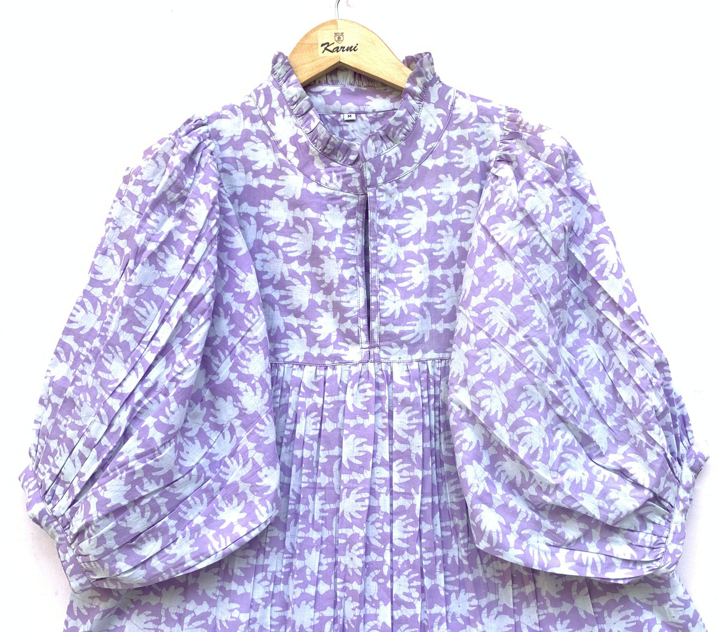 purple and white hand printed blouse with 3/4th sleeves