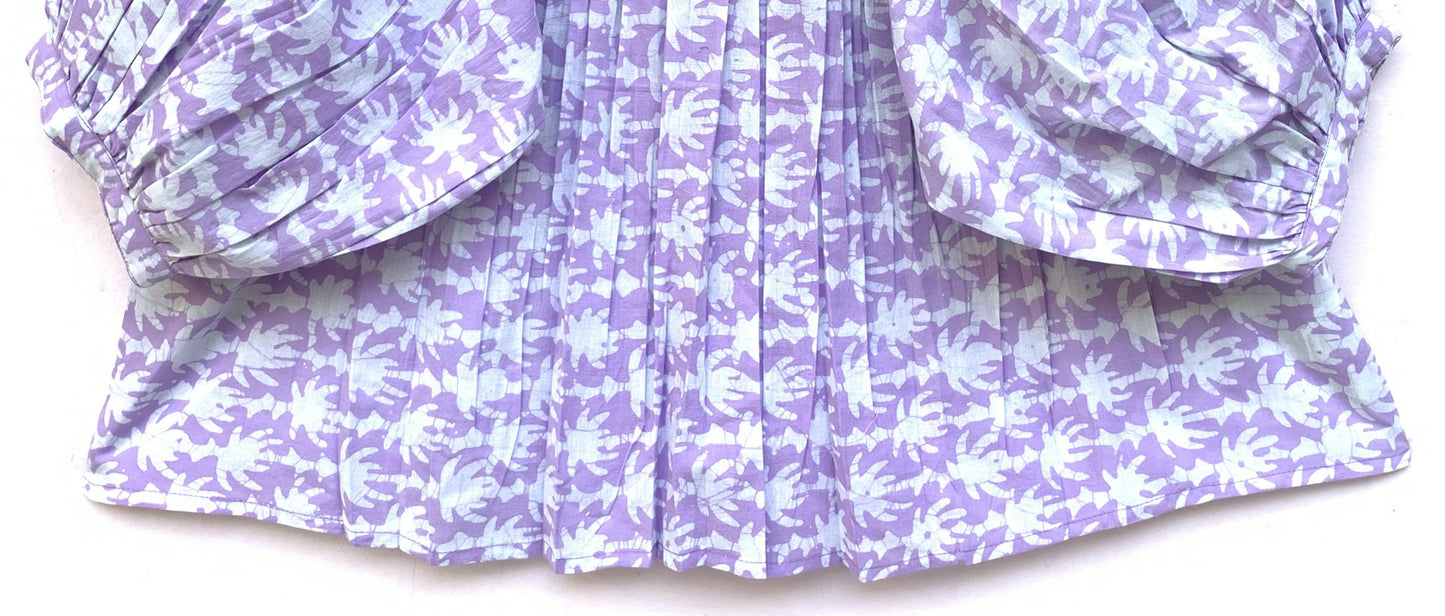 purple and white hand printed blouse with 3/4th sleeves