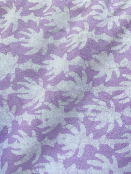 purple and white hand printed blouse with 3/4th sleeves