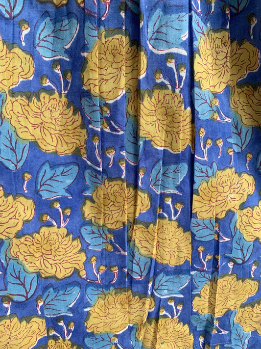Blue Mustard Floral Cotton Pajama Set for Women, Smocked Puff Sleeve Top and Matching Pocket