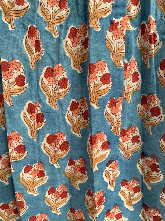 Blue Floral Cotton Pajama Set for Women, Smocked Square Neck Puff Sleeve Top with Matching Pocket
