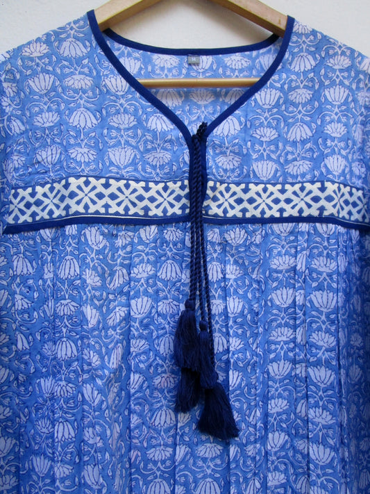 beautiful blue lotus print womens blouse with tassels