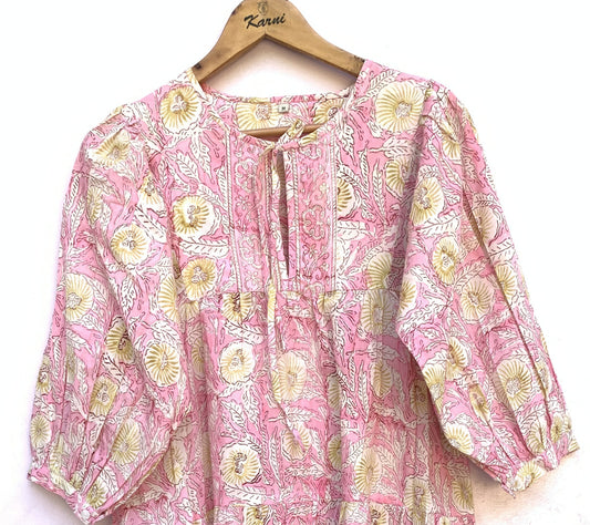 Blush Pink Floral Hand Block Printed Cotton Midi Dress – Boho Indian Dress