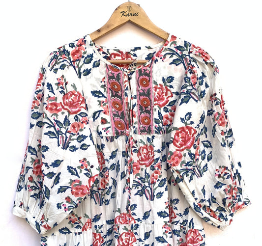 White Floral Hand Block Print Cotton Midi Dress – Pink Blue Boho Dress