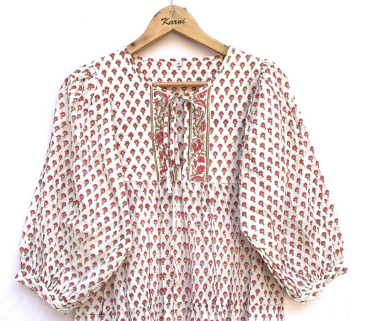 White Red Floral Hand Block Printed Cotton Midi Dress – Boho Indian Tiered Dress