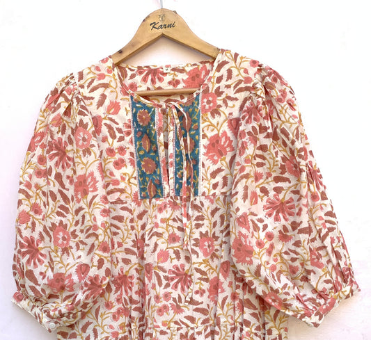 Cream Peach Floral Hand Block Printed Cotton Midi Dress – Puff Sleeve Boho Indian Dress