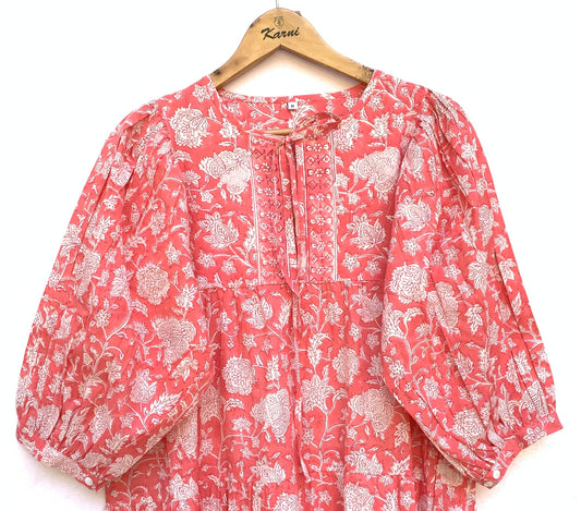 Coral Pink Floral Hand Block Printed Cotton Mini Dress – Puff Sleeve Boho Indian Dress
