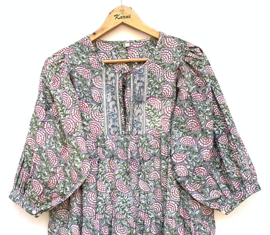 Sage Green Pink Floral Hand Block Printed Cotton Mini Dress – Puff Sleeve Boho Indian Dress