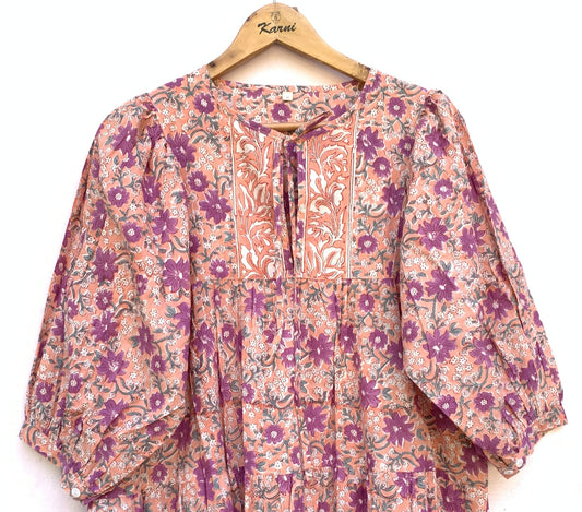 Peach Purple Floral Hand Block Printed Cotton Mini Dress – Puff Sleeve Boho Indian Dress
