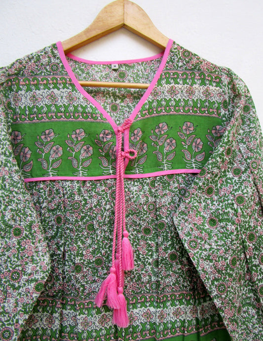 green and pink screen printed womens blouse with pink tassels