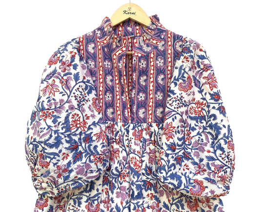 Purple Blue Floral Block Print Cotton Midi Dress – Boho Handmade Tiered Dress with Puff Sleeves & Contrast Border Yoke