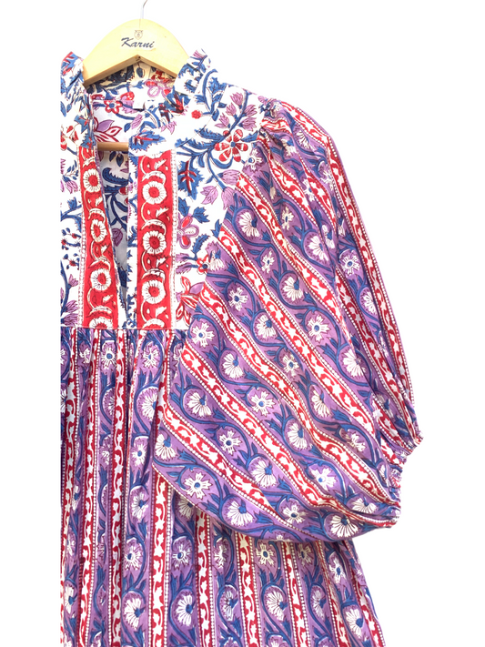 Purple Red Block Print Cotton Midi Dress – Boho Handmade Tiered Dress with Puff Sleeves & Mixed Floral Prints